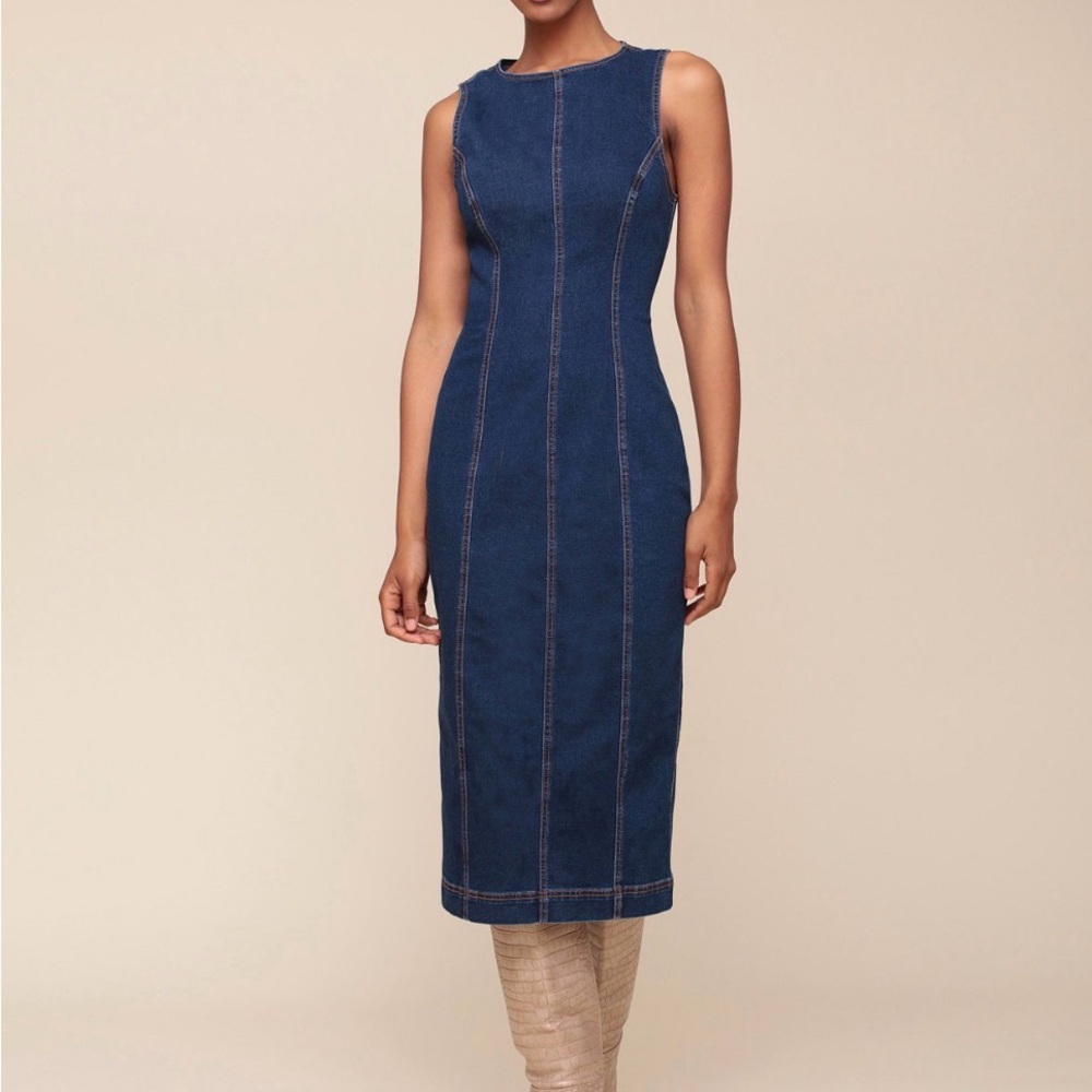 Avec Les Filles Dark Blue Denim Midi Sheath Dress